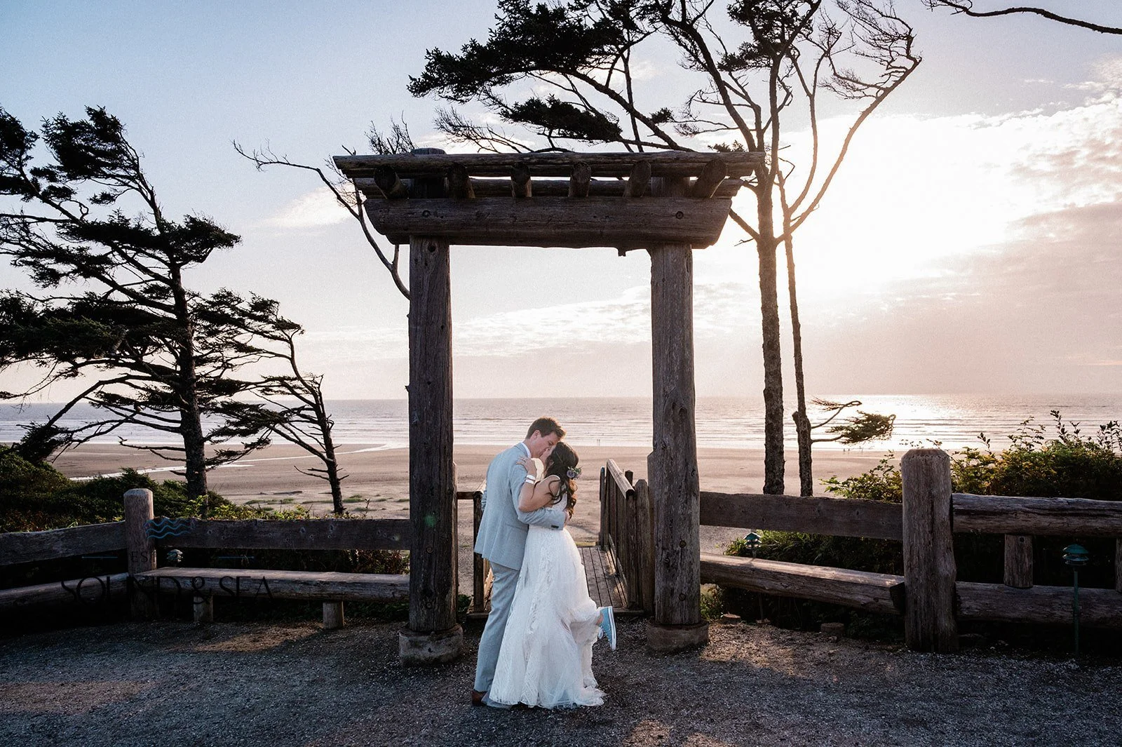 wedding couple during their romantic seabrook wa wedding day along the coast