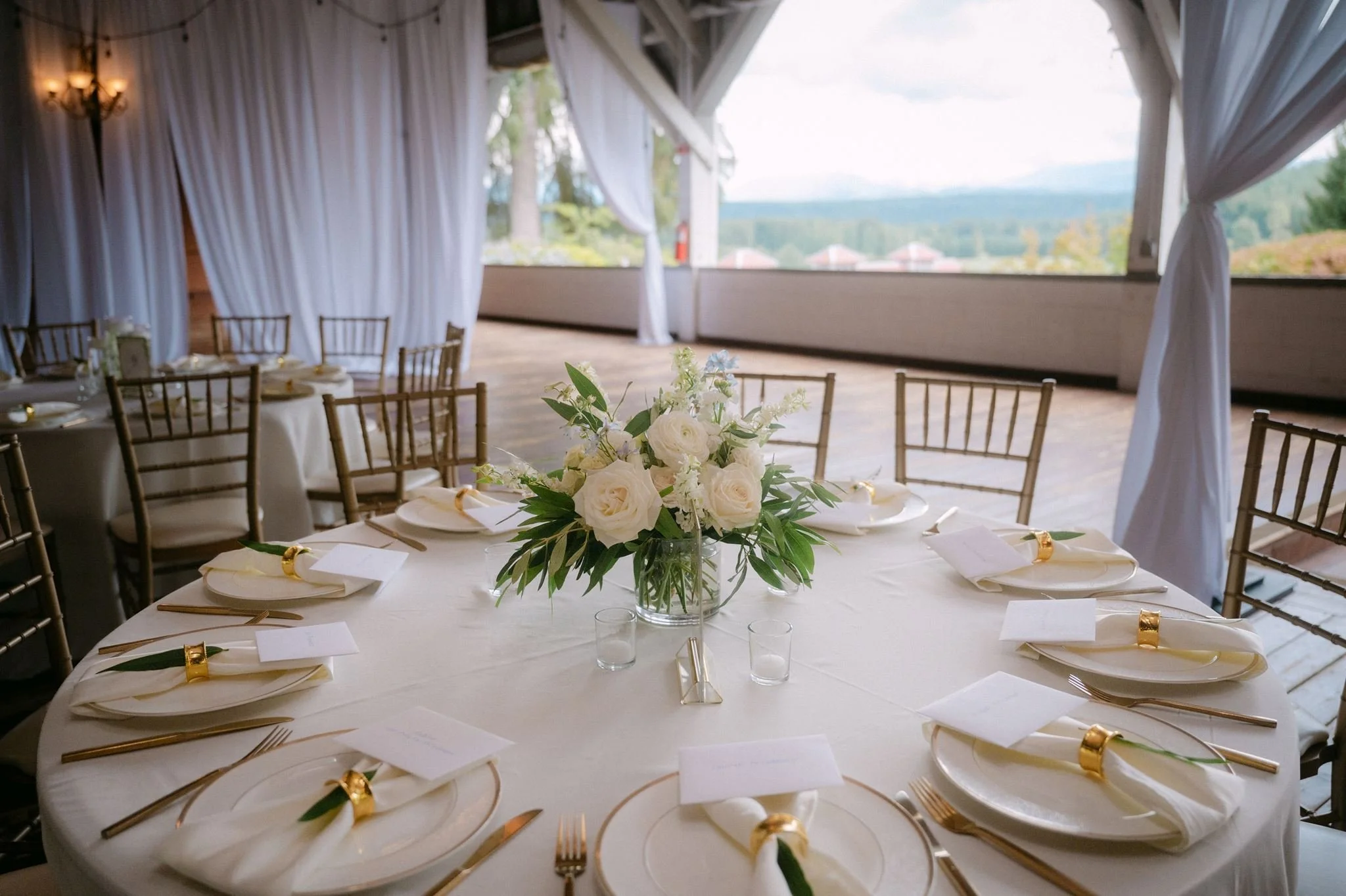elegant wedding reception set up at carnation farms in washington
