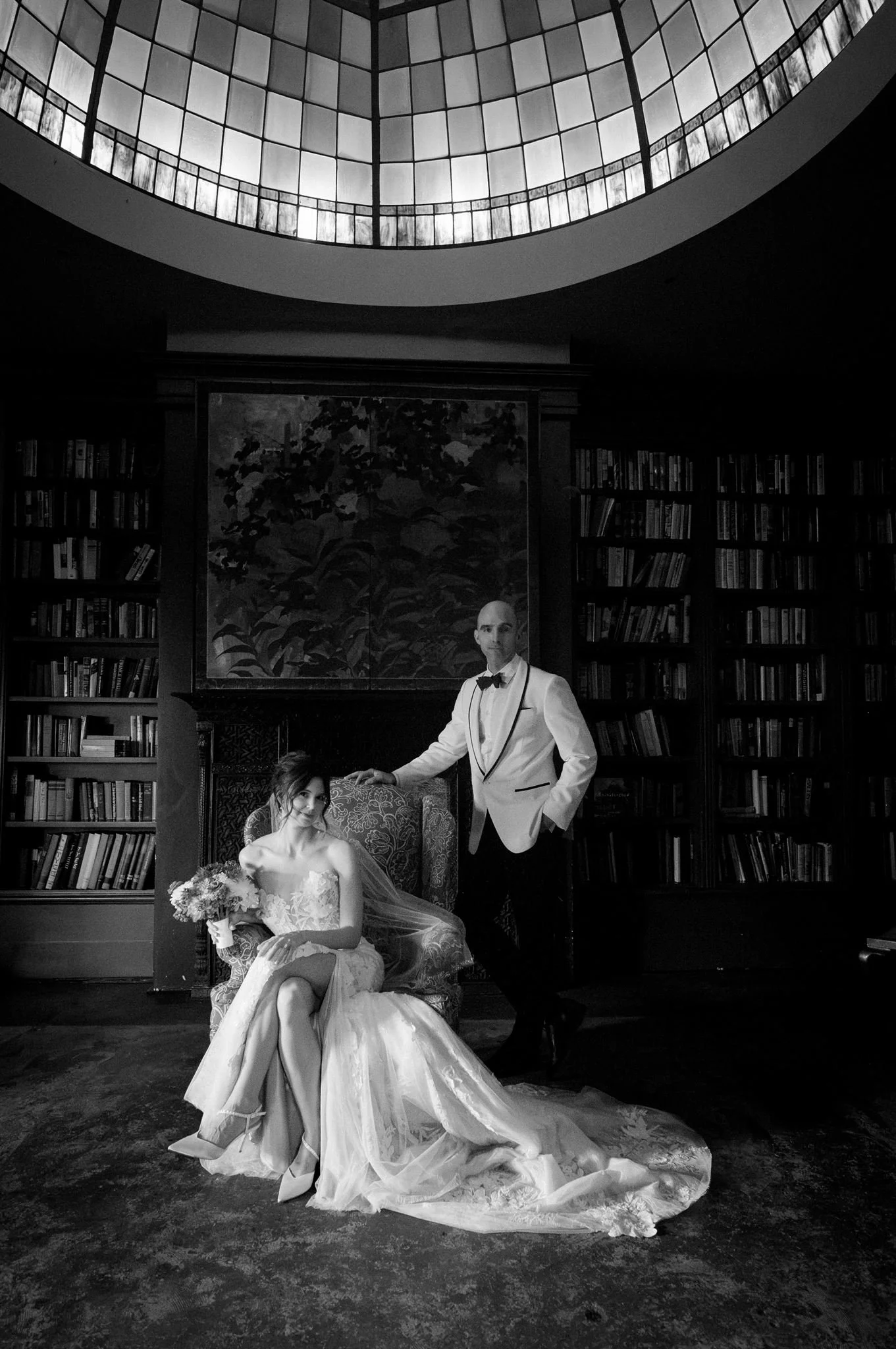 wedding couple in a library at the ruins in seattle
