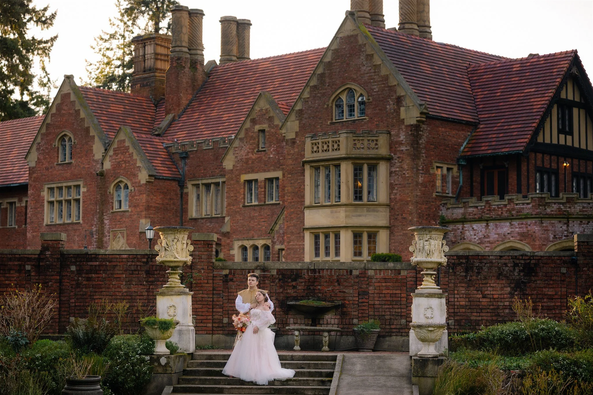 bride and groom in renaissance faire themed wedding attire at thornewood castle wedding