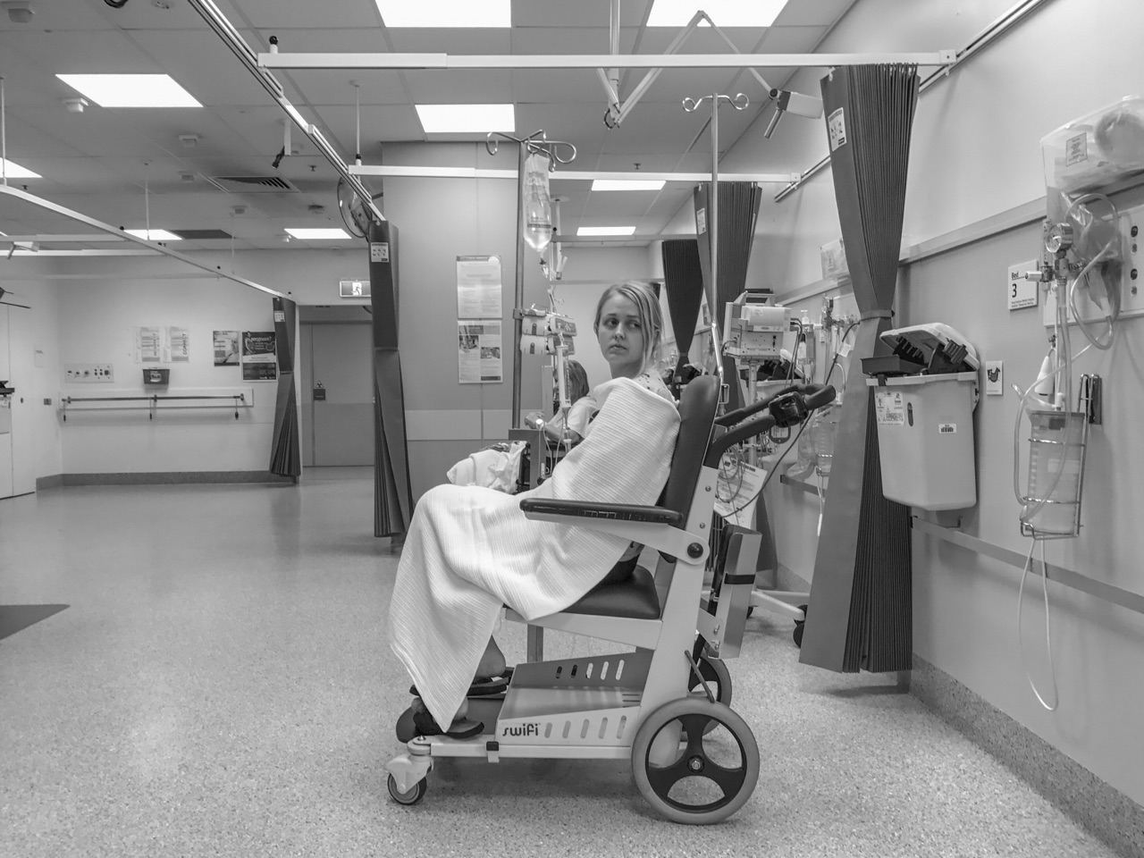 When Faye’s white blood cell counts dropped, she sometimes had fevers. These can be very dangerous, so back to the hospital for tests and monitoring. This X-ray waiting room became an all too familiar site.