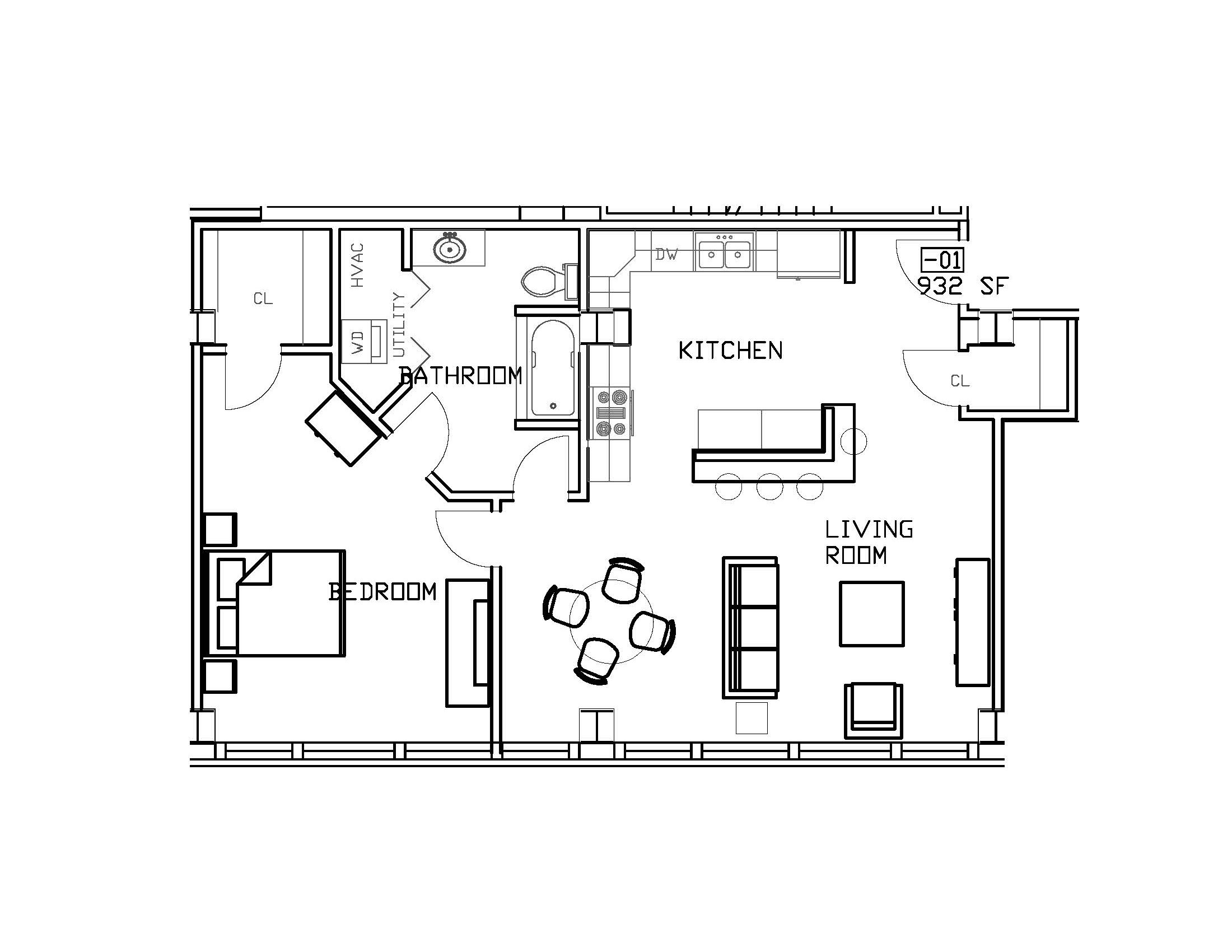 1 Bedroom, 1 Bath, 932 sq.ft