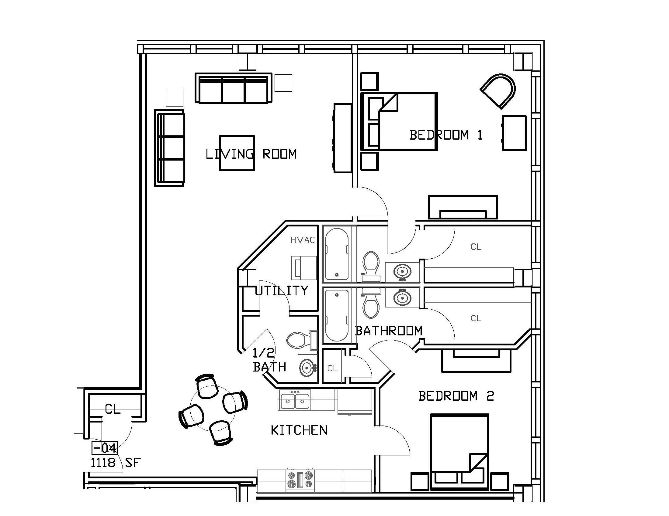 2 Bedroom, 2.5 Bath, 1,118 sq. ft.