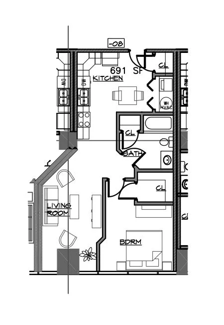 1 Bedroom, 1.5 Bath, 691 sq. ft.