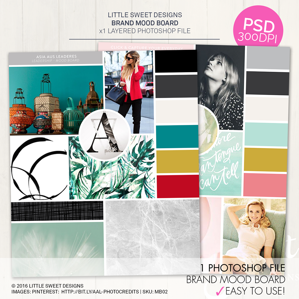 MOOD BOARD TEMPLATE .PSD (LAYERED PHOTOSHOP FILE) A mood board is extremely useful for establishing the aesthetic feel of a Brand or website. Mood boards explore photography style, color palettes, typography, patterns, and the overall look, feel and vibe of your brand. A collage of colors, textures and pictures is all it takes to evoke a specific style or feeling. Download & Create Yours Today!