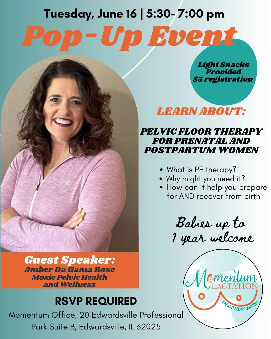 Expecting a baby or recently welcomed one? Join us for an evening of learning, connection, and support with special guest Amber Da Gama Rose of Moxie Pelvic Health and Wellness!

Pelvic floor therapy can play an important role during pregnancy and po