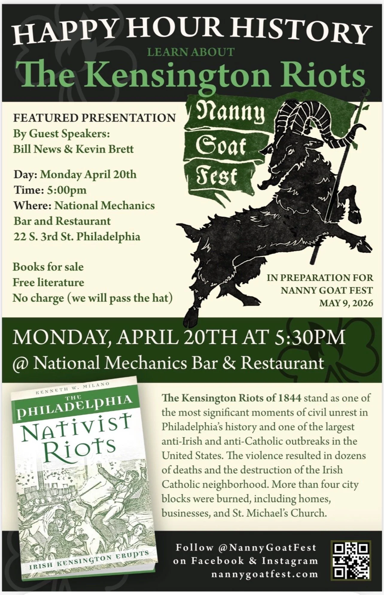 Happy Hour History presents a featured talk on the Kensington Riots with guest speakers Bill News &amp; Kevin Brett. This Monday, April 20th at 5:30pm, No Cover&hellip; learn about one of Philadelphia&rsquo;s most often overlooked historical events o