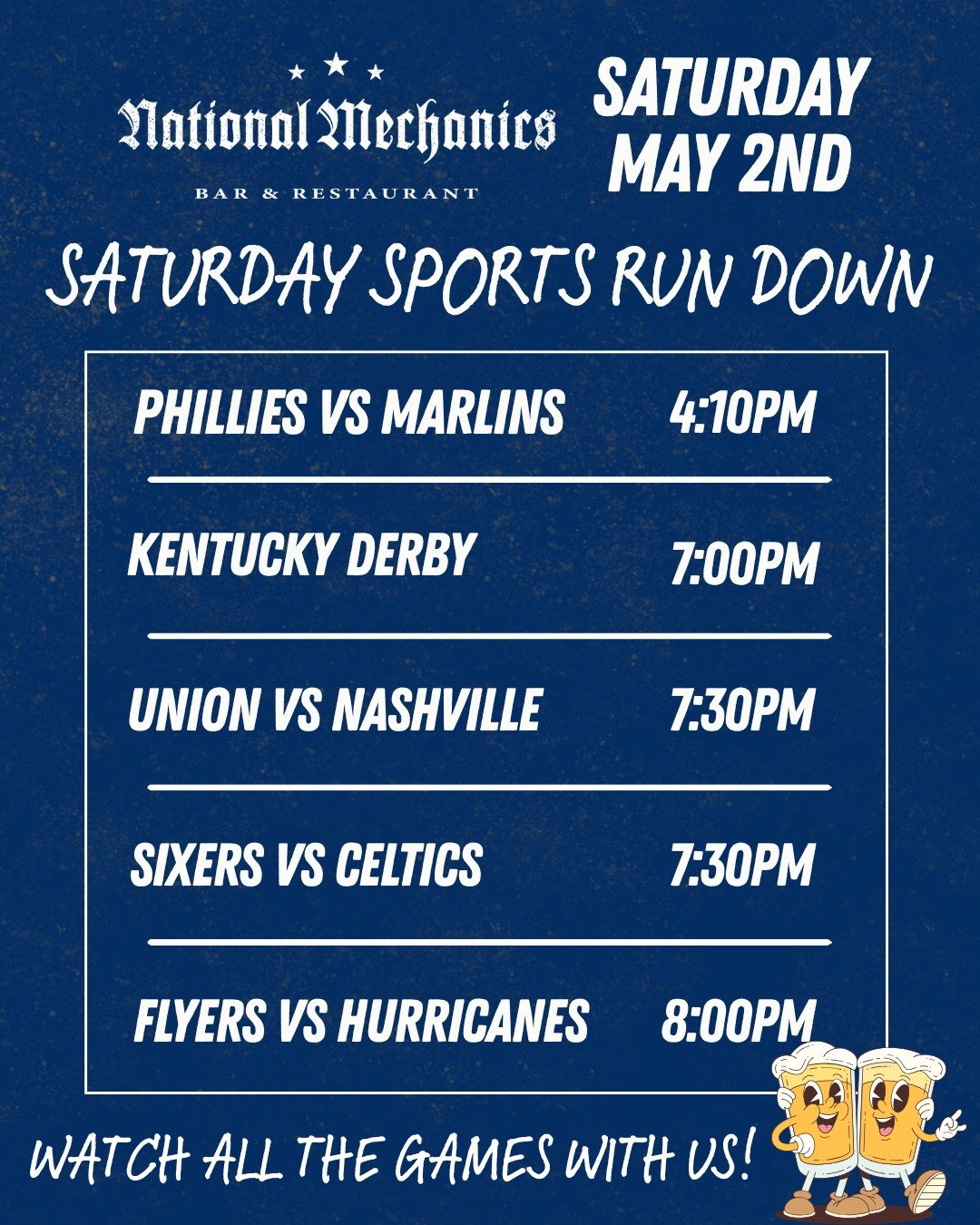 STACKED UP Saturdays are our FAVE! 😎 Pull up a chair, order a beer (or 2), grab some Natty wings... We'll see ya HERE! 👏🍻

⚾ Phillies VS Marlins: 4:10pm
🏇 Kentucky Derby : 6:57pm
⚽ Union VS Nashville: 7:30pm
🏀 Sixers VS Celtics: 7:30pm
🏒 Flyers