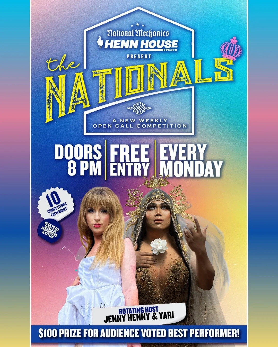 Make your way over to The Nationals tonight! 👏 Your fabulous hosts, Yari &amp; Jenny Henny ALWAYS bring ALL the vibes &amp; ALL the good energy your Monday needs... ✨💫

10 performers. ALL styles. ALL skill levels. You cheer LOUD, they WIN. No cover