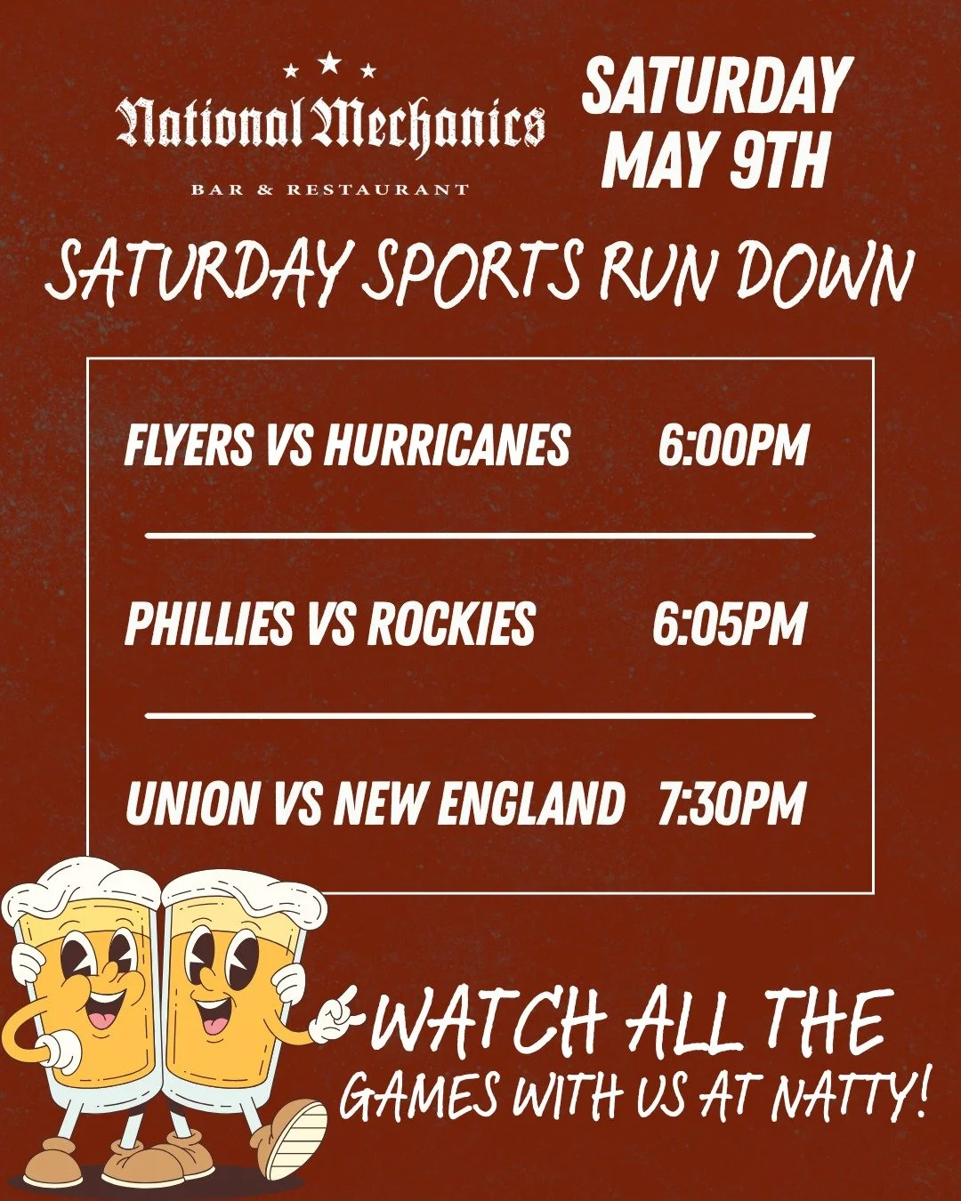 TBH, you should just come thru! 😎 The sports. The eats. The pours. The dancing. 👏Philly Sports ALL day + Late Nite HH 9pm-11pm ($5 Drafts, $5 Cocktails, $7 Wells) + La Discoteka at 10pm...

Saturdays at Natty Macs aren't a vibe - they're THE vibe, 