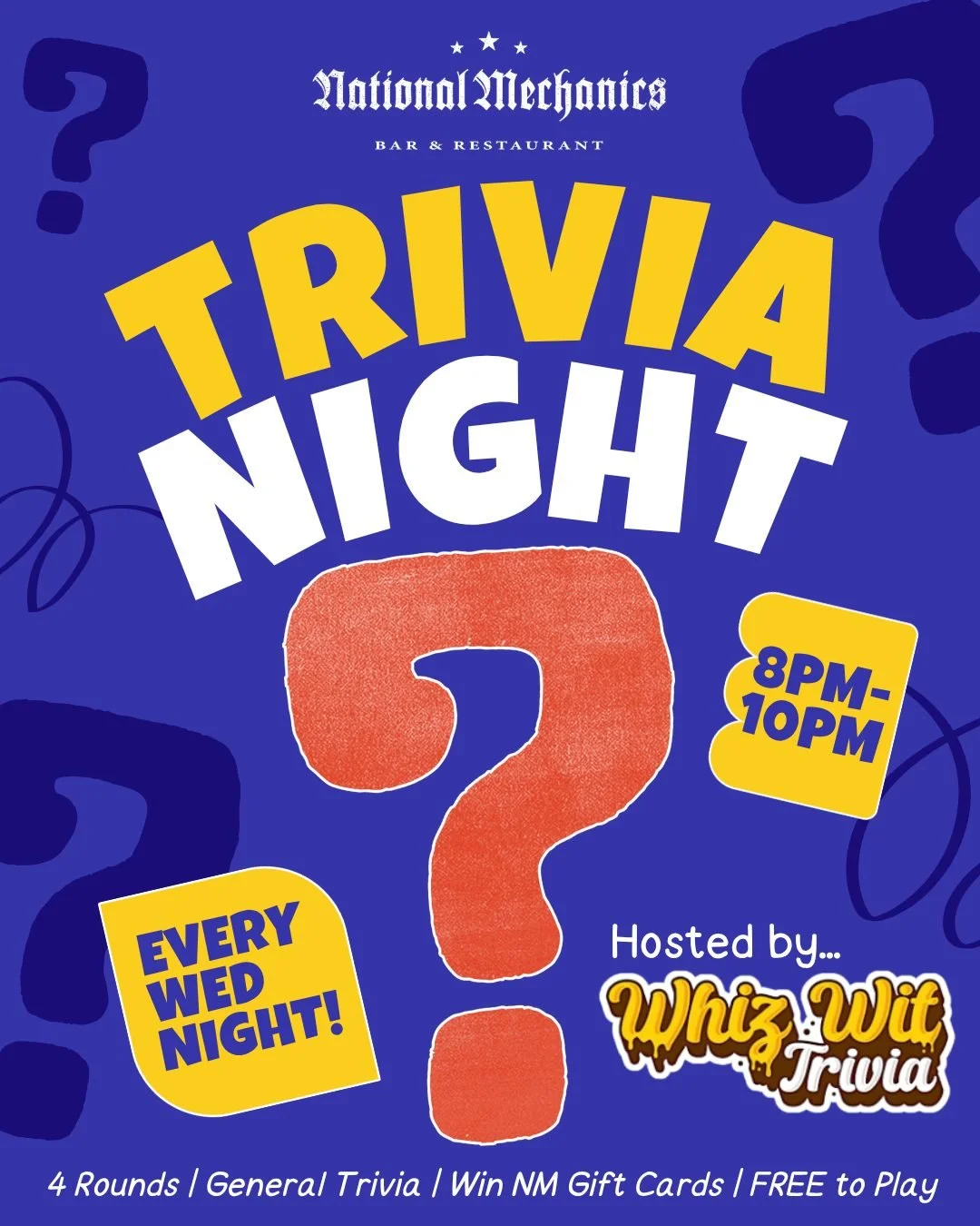 4 rounds of trivia every Wednesday at 8pm! 🧠 Hosted by your favorite Philly comedians with @whizwittrivia ...

They don&rsquo;t call it &ldquo;quizzo&rdquo; cause they create their own vibe! General Trivia | Win NM Gift Cards | FREE to Play - come c