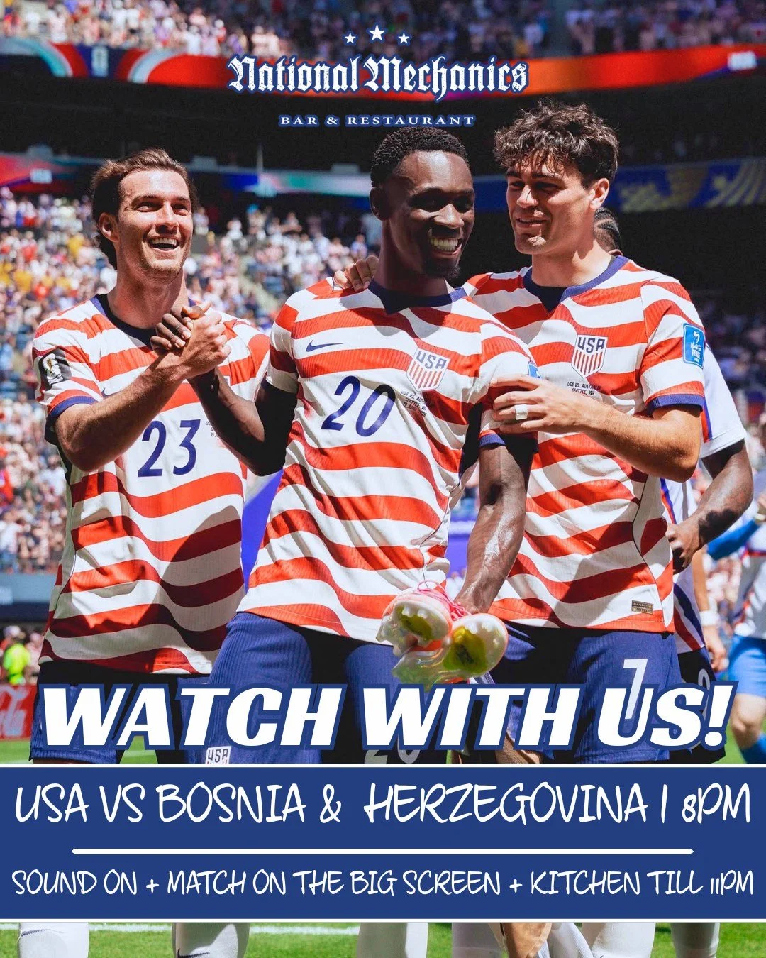 We're pressing pause on Pub Trivia...it&rsquo;s Team USA match time! 🇺🇸

No trivia tonight (7.1)...USA VS Bosnia &amp; Herzegovina at 8pm...Every TV + BIG screen w/sound + Kitchen open till 11pm - GO USA! ⚽️👏
~~~
#NatMechanics #FIFAWorldCup #USMNT