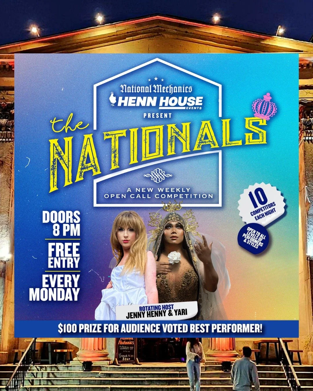 Pick your floor. Pick your vibe. We&rsquo;ve got Monday covered...👏

1st Floor: The Nationals - 10 performers. ALL styles. ALL skill levels. You cheer LOUD, they WIN. No cover. Doors at 8pm. Hosted by Yari &amp; Jenny Henny! 🏳️&zwj;🌈

2nd Floor:  