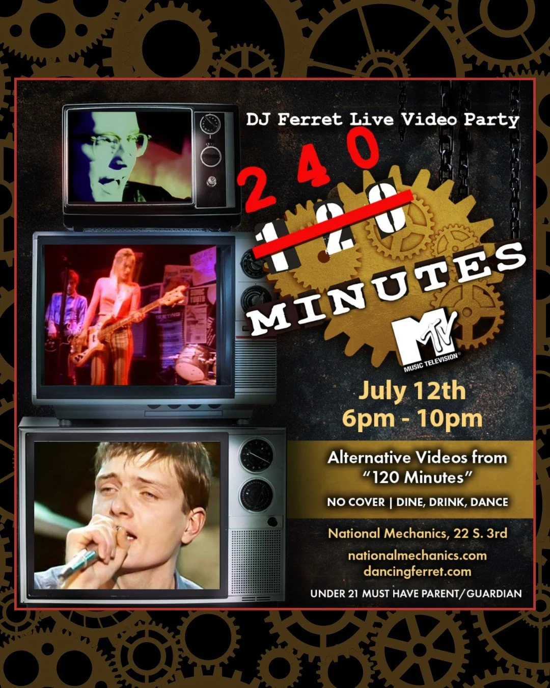 Tonight, Sun. July 12th: DJ Ferret brings 240 Minutes - 4 hours of iconic alt music &amp; videos live from 6pm-10pm... 📺🎶 

A tribute to MTV's 120 Minutes - R.E.M., NIN, Bjork, Depeche Mode, The Smiths, Oasis &amp; so much more...No cover. Just vib