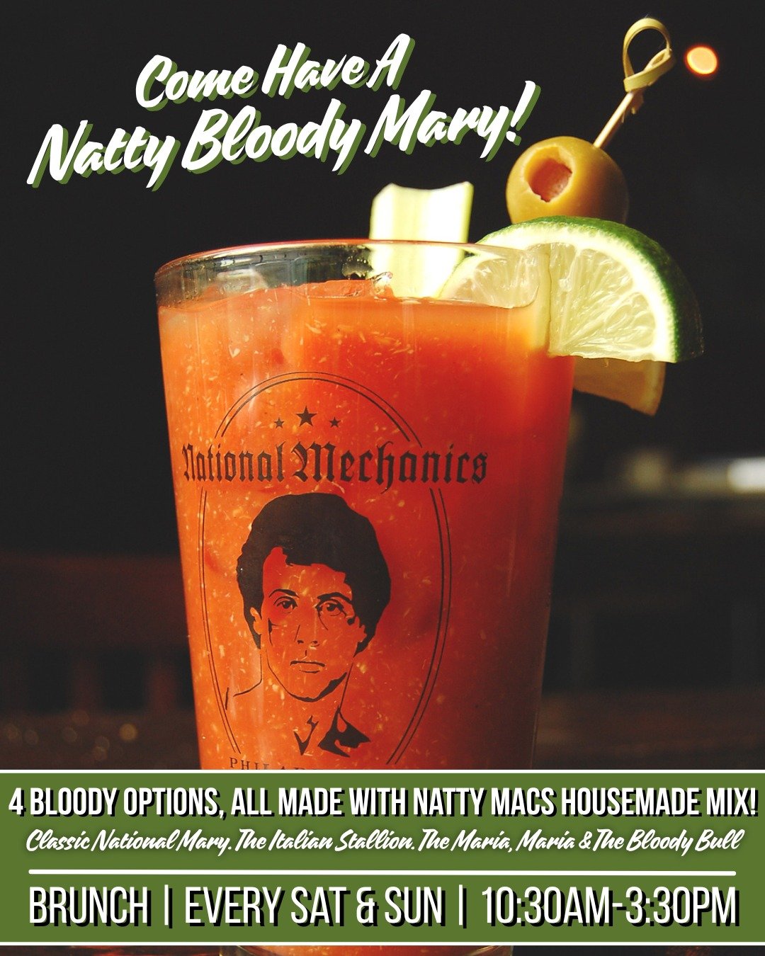 We don't play favorites, that's your job! 😏 The National Mary. The Italian Stallion. Maria, Maria. The Bloody Bull...

4 Bloody Mary Options. Natty's Killer Housemade Mix. Brunch till 3:30pm - which one's got your name on it? 👀🍅 

Menu: #LinkInBio