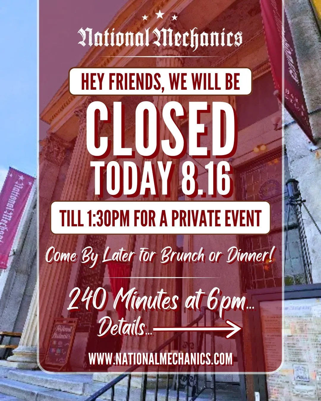 Heads up Natty Mac fam! 🚨 We're closed today, 8.16, till 1:30pm for a private event - come see us after for some brunch or dinner! 

240 Minutes at 6pm! 📺🎶 DJ Ferret brings 4 hours of iconic alt music &amp; videos from 120 Minutes, 6pm-10pm - come