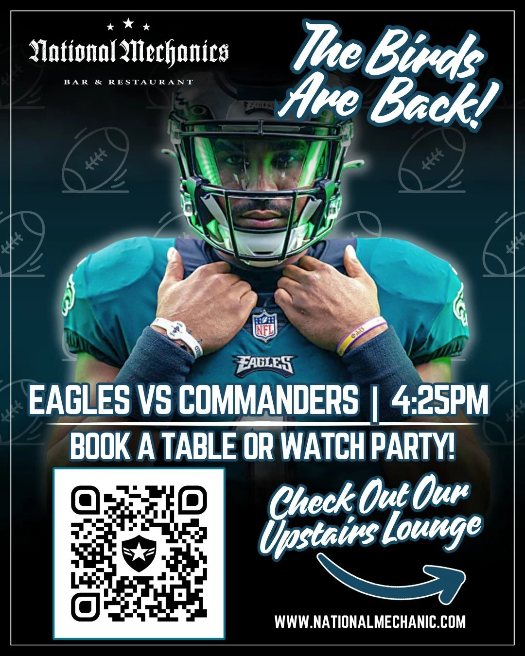 The BIRDS are BACK! 🦅💚 Eagles VS Commanders at 4:25pm. 

Watch at your favorite neighborhood spot, Natty Macs! Sound ON + Specials during the game! Grab a seat downstairs, OR book a watch party in our upstairs Game HQ! 

4 wall projectors. 2 large 