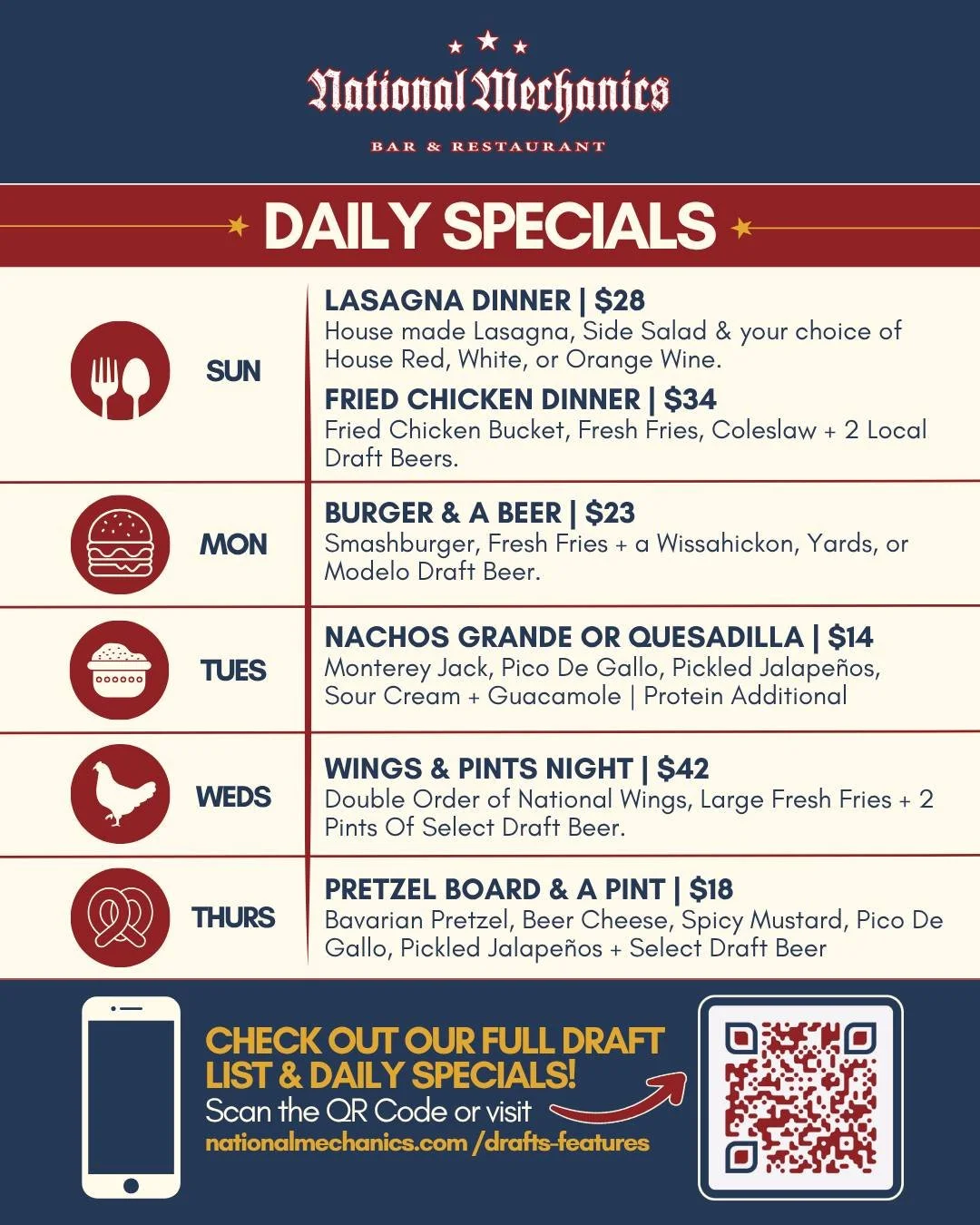 Natty Macs ALL NEW daily specials! 😉👏 5 Days, 5 Deals...Yeah, we might be showing off a little. Pick your fave &amp; come thru! 🍻
~~~
#NatMechanics  #DailySpecials #NattyMacs #EatLocalPHL #OldCityPhilly