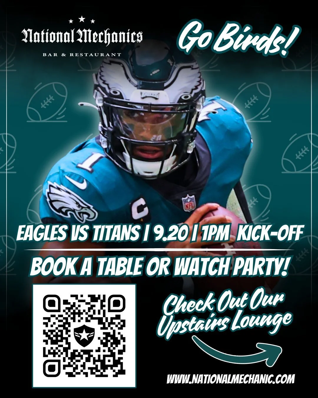 Let's do this, BIRD GANG! 🦅💚 Week 2: Eagles VS Titans at 1pm.

Game day is BETTER at Natty Macs! 🏈 sound ON, specials &amp; a seat just for YOU! Grab a spot downstairs, or book a watch party for your crew in our upstairs Game Day HQ!

4 wall proje