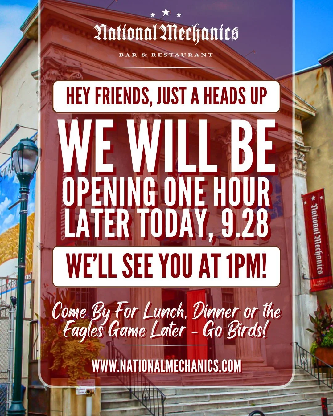 Just a quick heads up! We&rsquo;re opening a lil&rsquo; later today at 1pm. Swing by for some good eats &amp; drinks or catch the Eagles game with us tonight at 8:15pm, GO BIRDS! 🦅