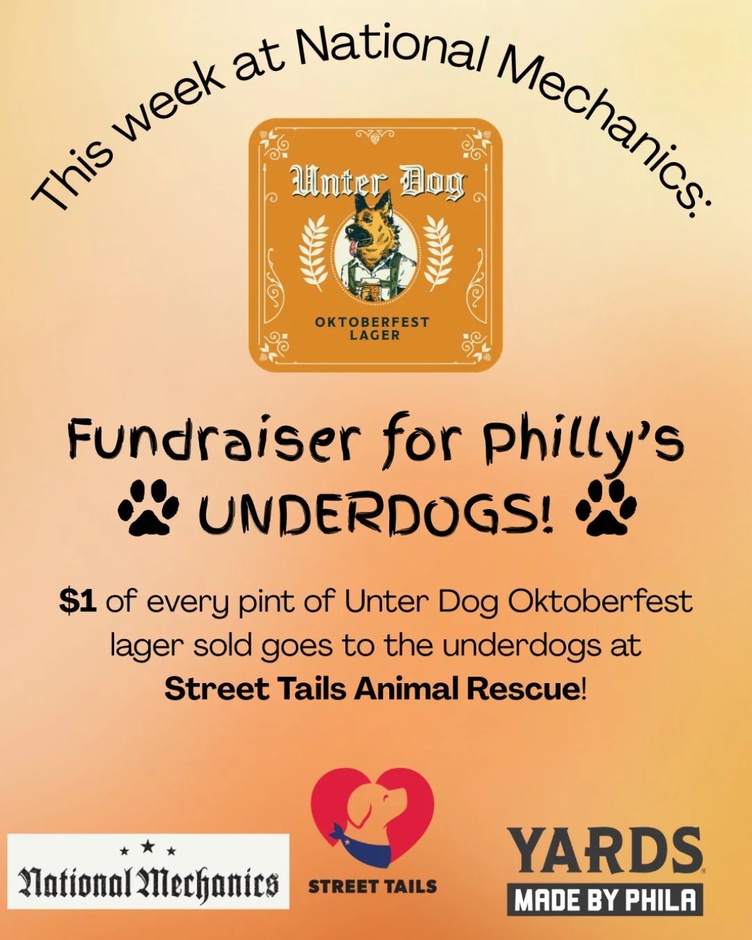 Pints for pups? We&rsquo;re INTO it! 🐶🍺 This week at Natty, $1 from every Yards Unter Dog Oktoberfest goes to Street Tails Animal Rescue thru Sun. 10.4...Grab a pint, help a doggo, CHEERS! 🍻🐾

@yardsbrew  @streettails 
~~~
#NatMechanics #PhillyUn