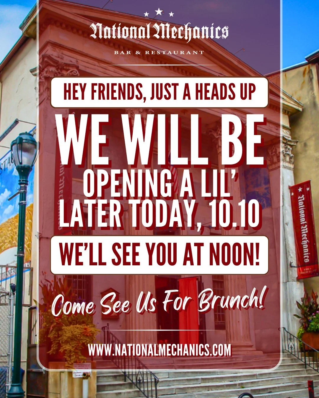 Morning Friends! ☕ Just a heads up... we&rsquo;re opening a lil&rsquo; later today. Noon, to be exact! Come see us for brunch till 3:30pm. 🍳
~~~
#NatMechanics #NattyMacs #Brunch #PhillyBrunch #WeekendBrunch