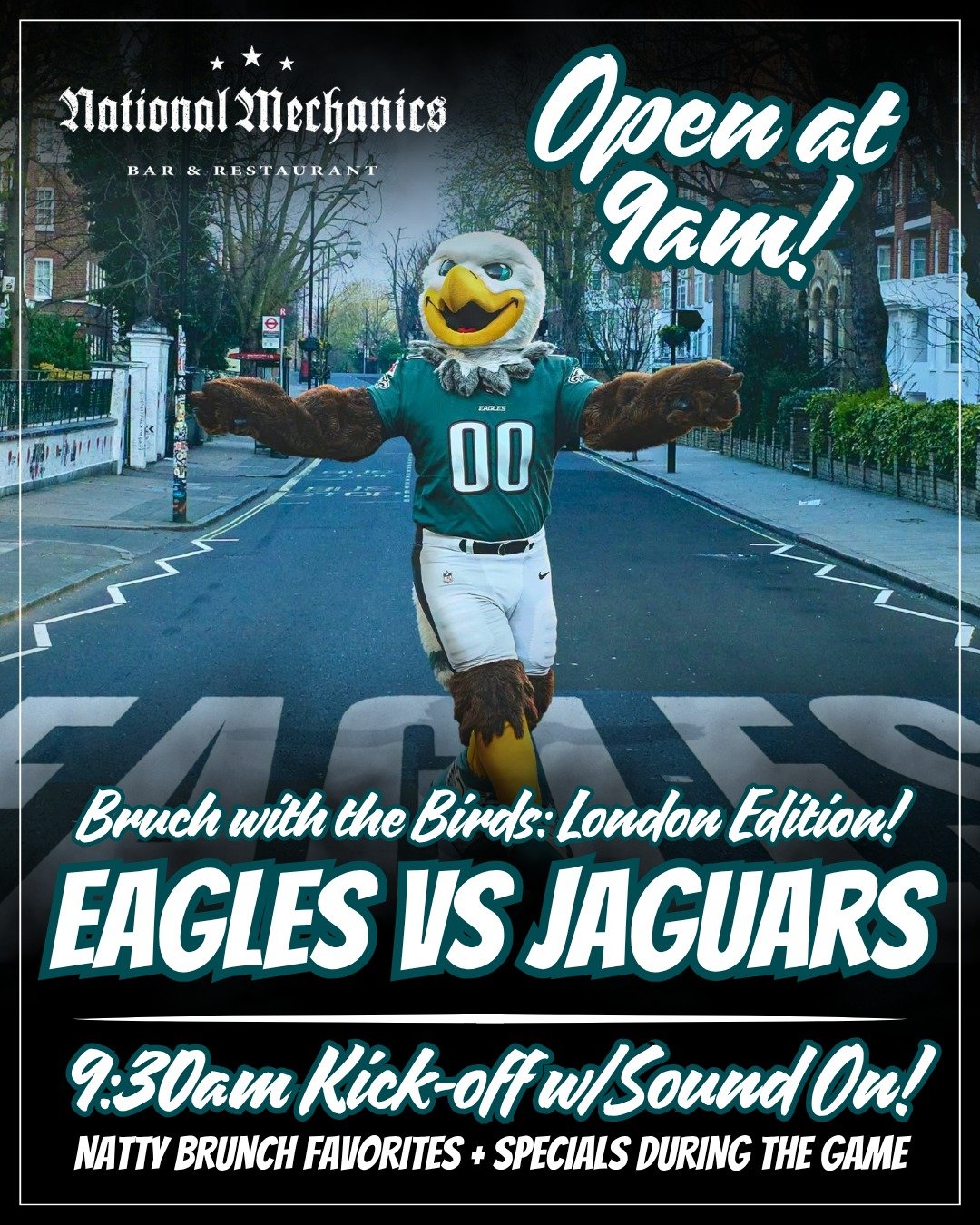 Tea Time? Nope, it's...BIRD TIME!  Open at 9am, Brunch w/the Birds!

Eagles VS Jaguars at 9:30am, Natty brunch favorites, game day specials &amp; sound ON...Get UP, Bird Gang...GO BIRDS! 🍳🦅
~~~
#NatMechanics #Eagles #BirdGang #NattyMacs #BrunchWith