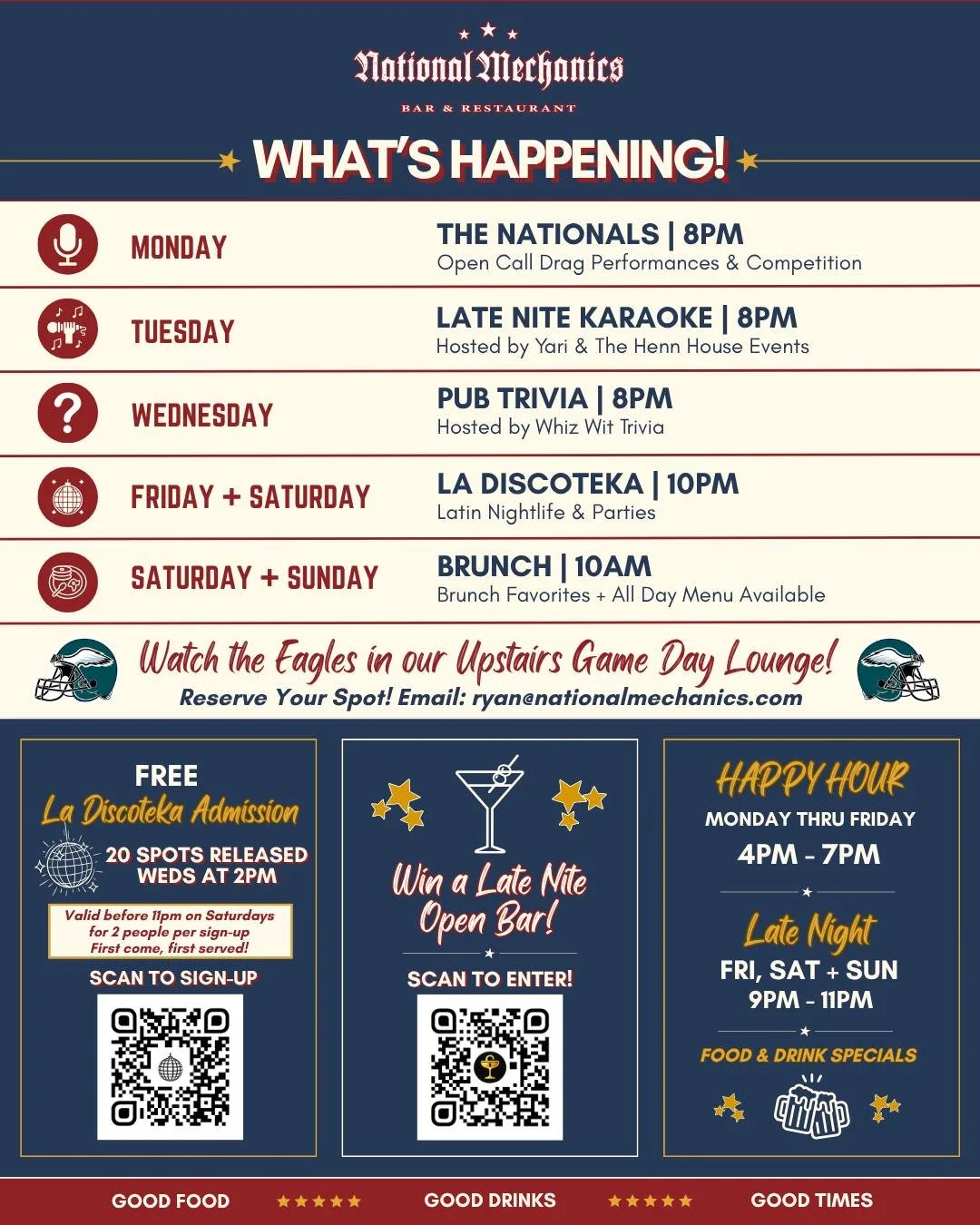Your guide to good times at Natty Macs! 🎉 We've got something for everyone...Get in where you fit in, CHEERS! 🍻😉

Weekday HH Specials: $5 Draft Cocktail, 1/2 Priced Drafts, $2 off Specialty Cocktails &amp; Wines By The Glass + 8 Snacks...

Late Ni
