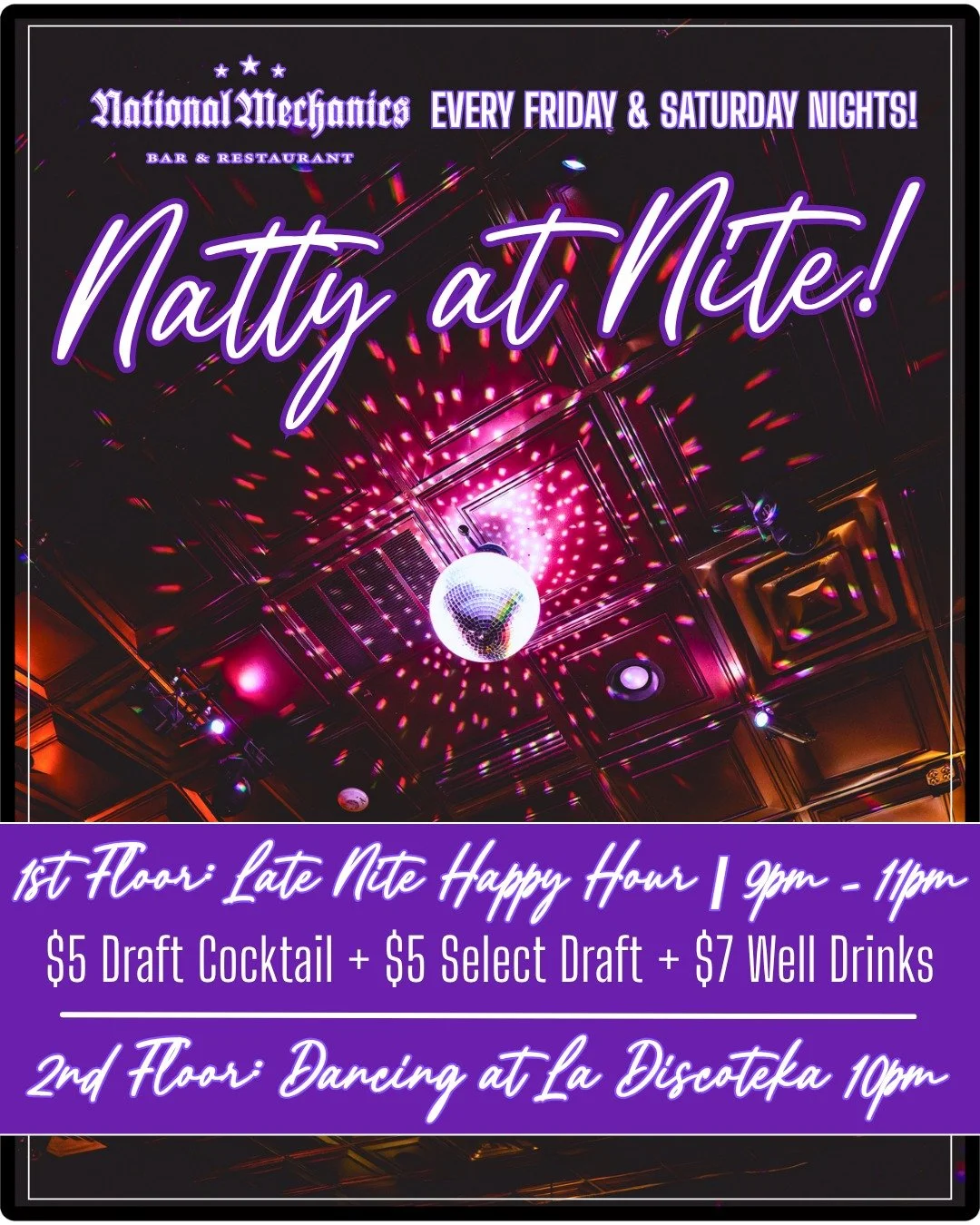 The best nights out don't need to be complicated&hellip; just a good bar &amp; a dancefloor...Natty at Nite! 😉

1st Floor: Music, vibes + Late Nite HH 9p
Upstairs: La Discoteka kicks off at 10p

Meet us at the bar &amp; make your way to the danceflo