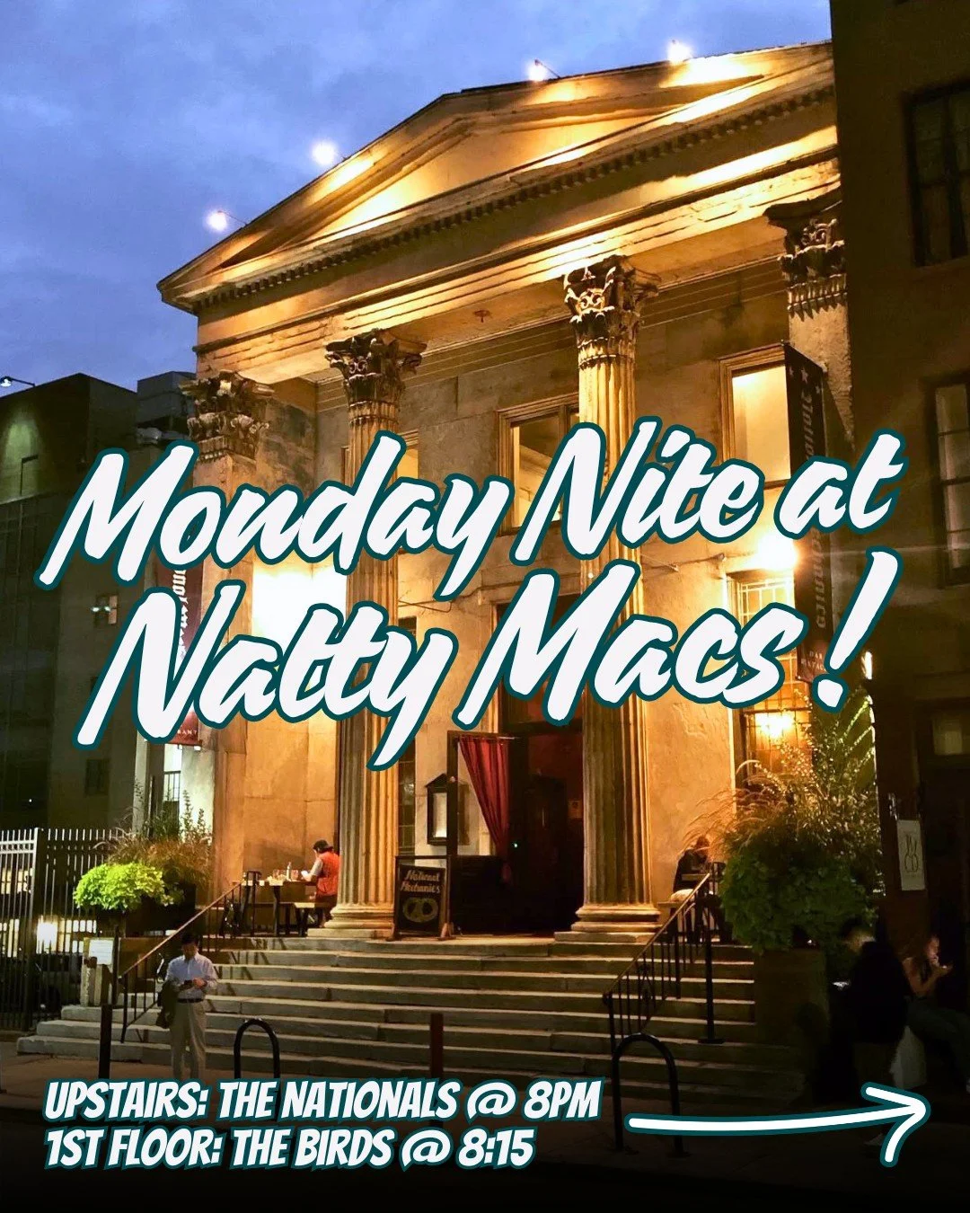 It&rsquo;s a Monday Nite at Natty Macs &amp; we&rsquo;re servin&rsquo; up a bit of a DOUBLE FEATURE! 😉👏

👑 Upstairs: The Nationals at 8pm
🏈 1st Floor: Eagles VS Cowboys at 8:15pm

A little GLAM, a little GAME DAY... pick your vibe &amp; GO BIRDS!