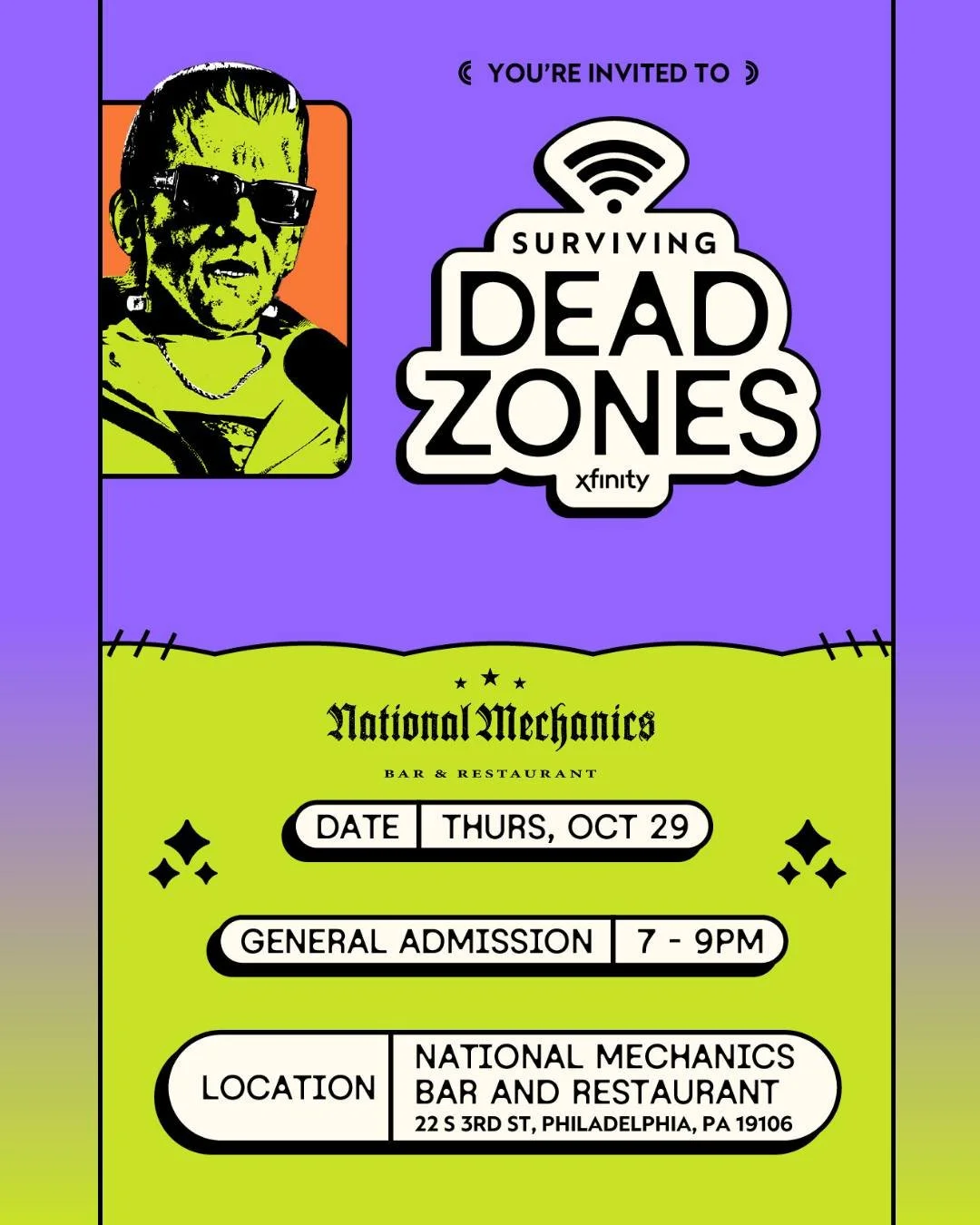 IT&rsquo;S ALIVE! ⚡️🧟&zwj;♂️ Well... @xfinity Surviving Dead Zones is taking over Natty Macs TODAY 10.29, so we&rsquo;re CLOSED to the public while we bring this monster to life!

Wanna join the experiment? 🧪⚡️ Link in Bio to RSVP! 👈

Admission is