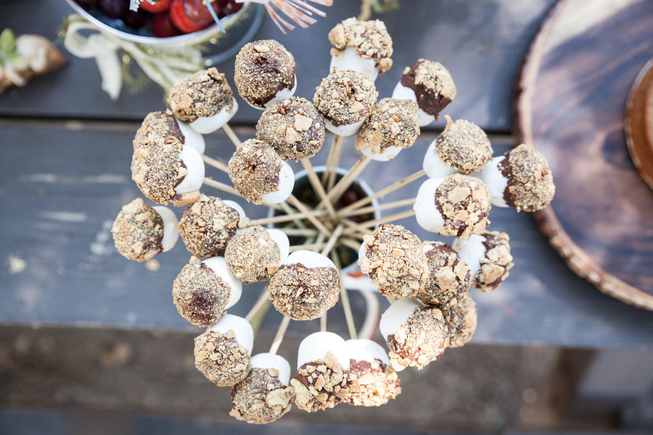 Yes, those are s'mores pops. Marshmallows dipped in melted chocolate and rolled in graham cracker crumbs. 
