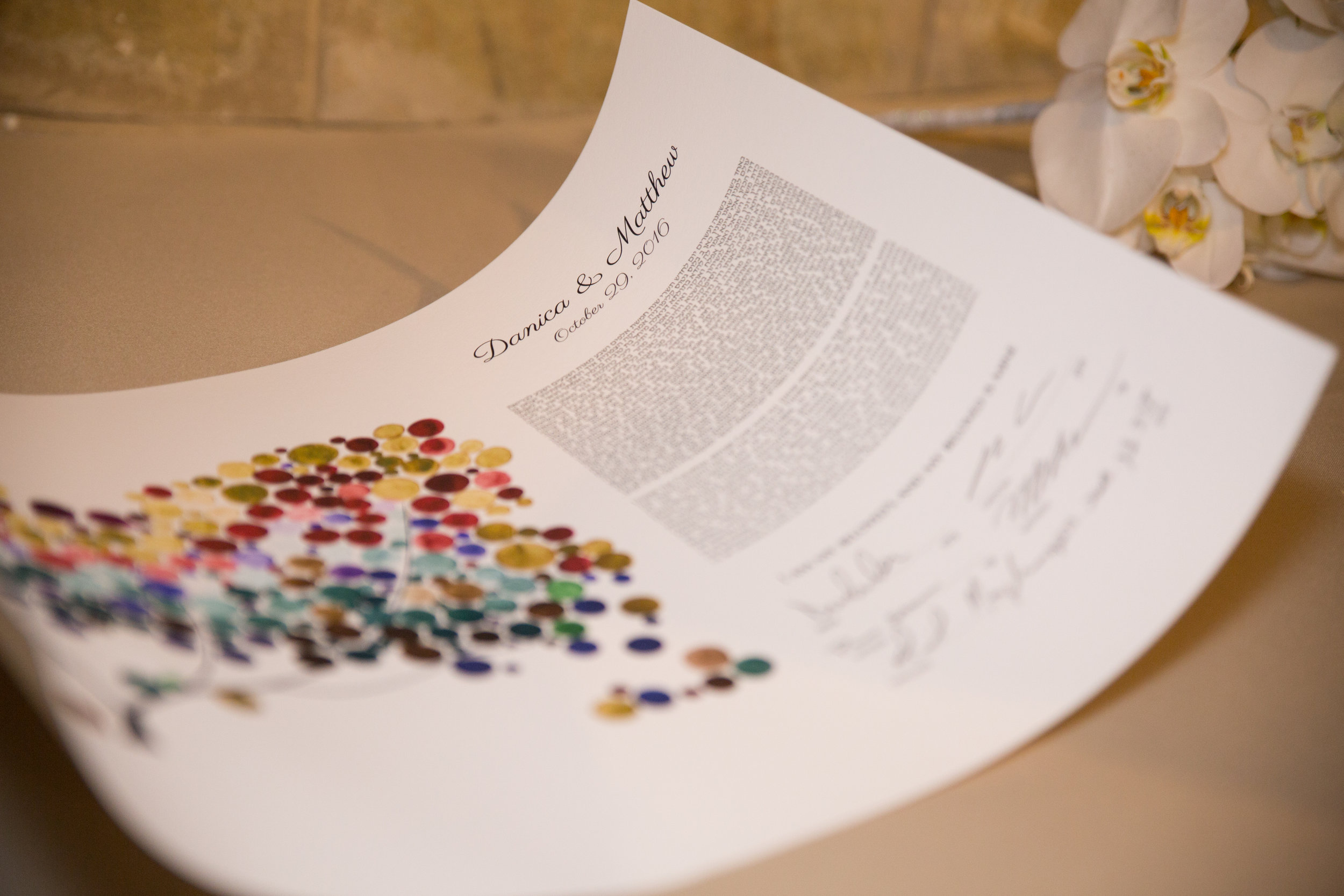 The ketubah is a traditional Jewish document which documents the rights and responsibilities of the couple in their marriage. This personalized ketubah came all the way from Romania!