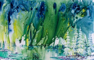 Karen Bishop, …and peace descends on the land, 26x40”, Watercolour on Yupo