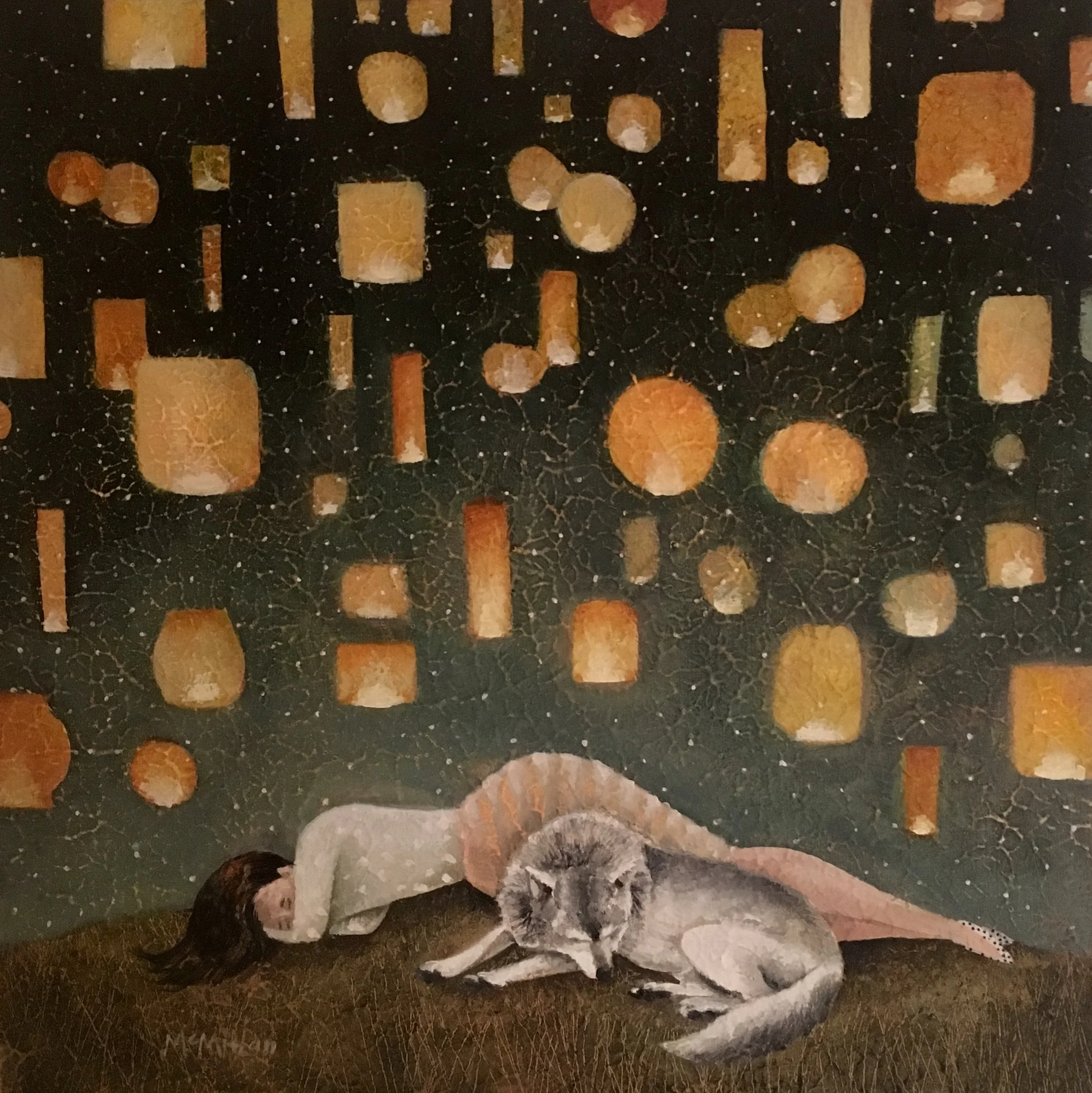 Catherine McMillan, Paper Lantern Dream, Acrylic and Oil on Wood panel, 18”x18”