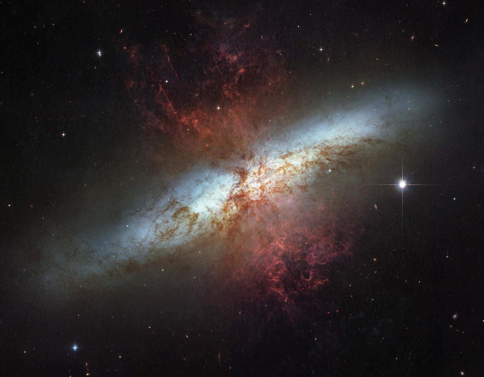M82 is a prototypical starburst galaxy. Dust and gas is launched out of the central 500 parsecs (1500 light years) of the galaxy by the explosions of numerous core-collapse supernovae. From Wikipedia. M82 was also the host of the Type Ia supernova SN2014J, one of my favorite supernovae to argue over (see my previous blog post, a retrospective of IAUS322)