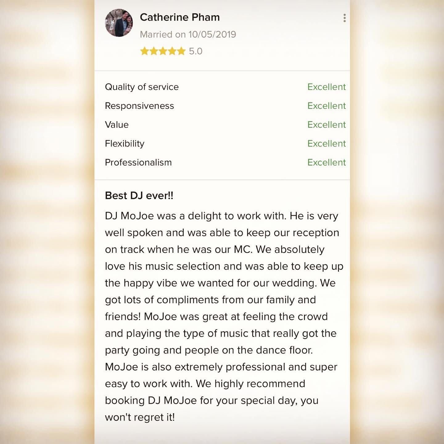 ⭐️⭐️⭐️⭐️⭐️ Creating unforgettable moments for my couples and their loved ones are all worth it! 🤩
.
Thank you, Cat &amp; Norman, for your review!! 🙏 
.
Happy to have been your DJ!! 🥳 (Oct. 5, 2019)
.
Swipe ⬅️ for more fun!! 🎉