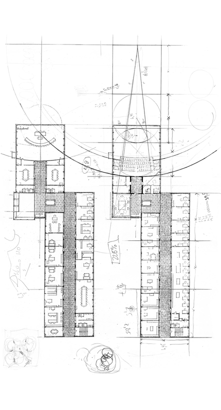 1. floor, 2. floor. The two volumes can be divided into two and three cubes with the same length, hight and width, like the building was made of one simple geometric form. The long corridors are lined with dark wood and represents the timelessness.