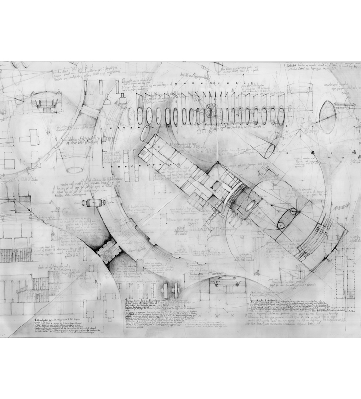 The inner geometry of the building points to a bigger space than what is physically existing, as it was built by tiny geometric fragments. Work drawing Pencil on Paper 66 x 87 cm