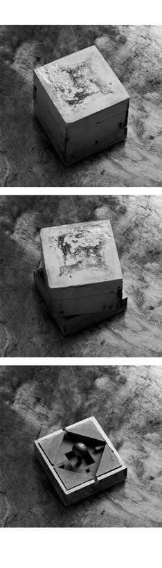 Time condition 7. 8. 9. 9 Conditions of time. The object takes shape after one of the building's five geometric squares. The two places where there is a cut through the object, characterises the building's 2 floors. The small square