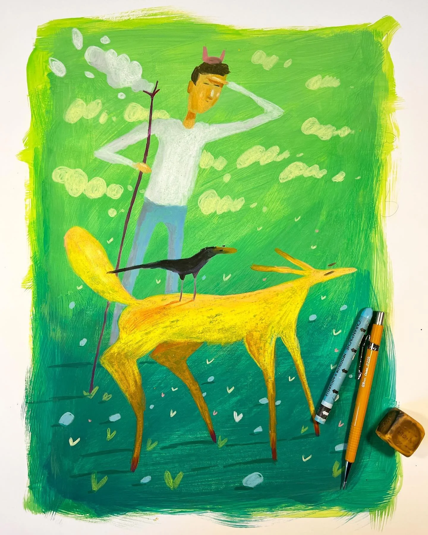 Mixed media sketch with some vibrant gouache and pastels.