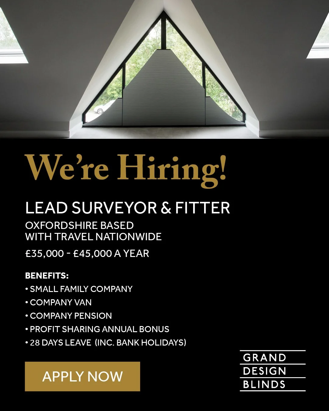 𝗝𝗼𝗯 𝗩𝗮𝗰𝗮𝗻𝗰𝘆 ✨

We have an exciting opportunity for a Lead Surveyor &amp; Installer to join our team and take the reins with our Grand Design Blinds projects.

📍 Oxfordshire
⏰ Full Time

The candidate must have previous experience of survey