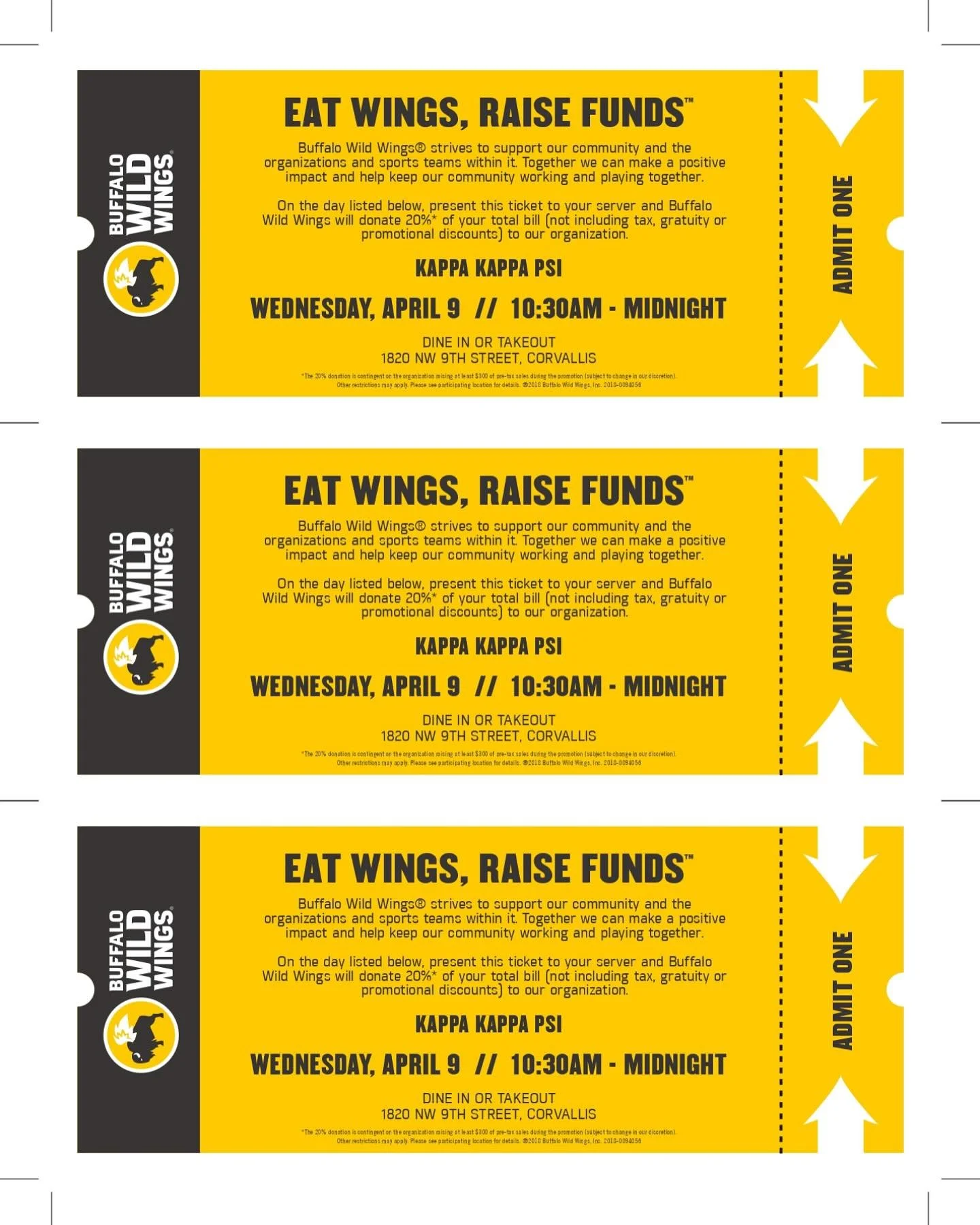 Get excited! KKPsi will be doing a Buffalo Wild Wings fundraiser THIS Wednesday, April 9th, from 10:30am - midnight. Make sure to show them the flyer to support our chapter!
-
Location: 1820 NW 9th Street, Corvallis OR