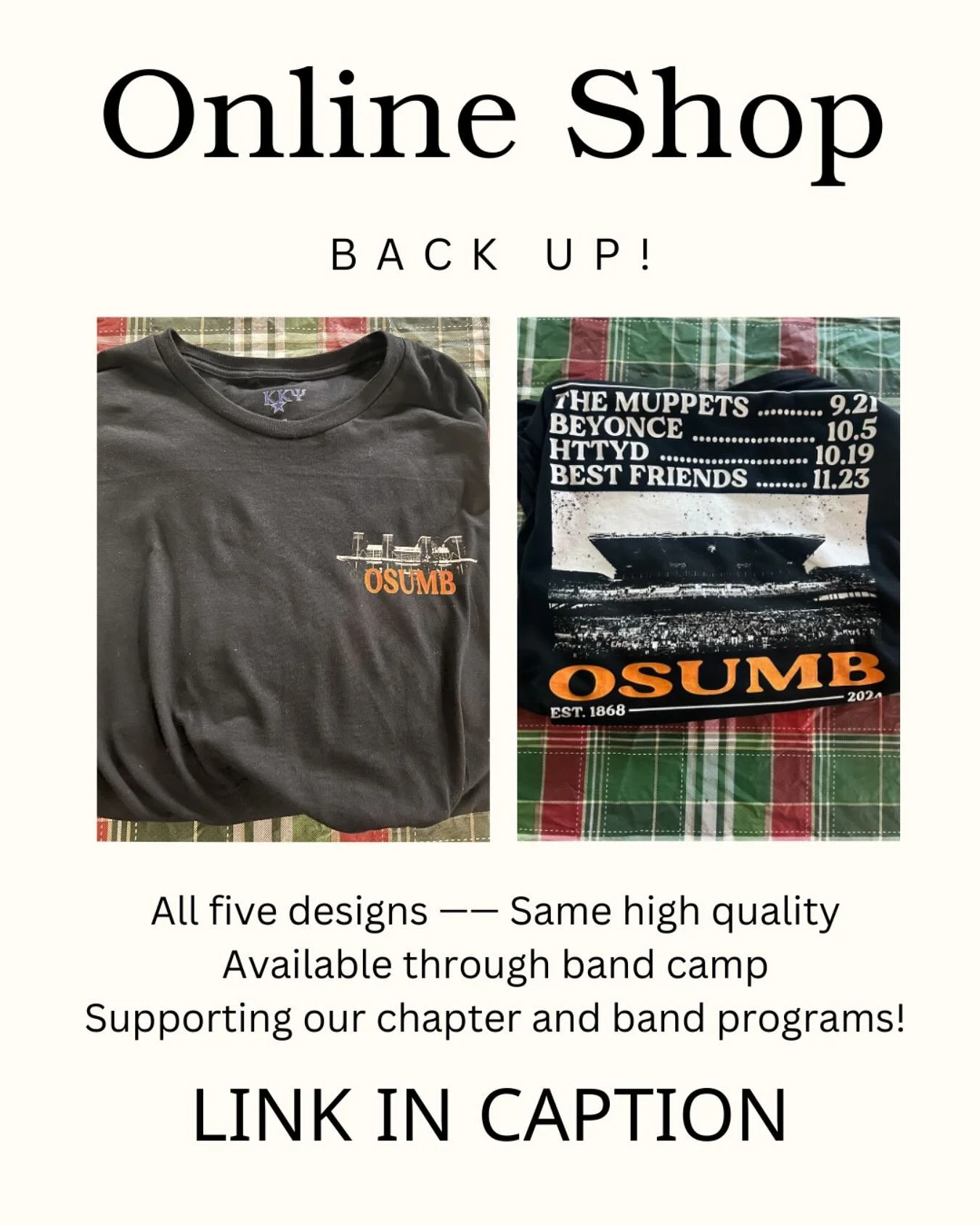 Our online show shirt shop is back up! Use the link to check them out: gobeavs.com/groups/kappa-kappa-psi.html
-
All hoodies will be a separate order due TODAY, May 17th at midnight, and will not be brought back.  Use the form to order: tinyurl.com/k