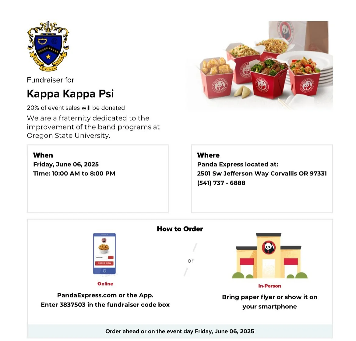 Panda Express dine-out THIS Friday! Treat yourself this finals week with the code 3837503, or show them this flyer at the MU location. Thanks for the support!