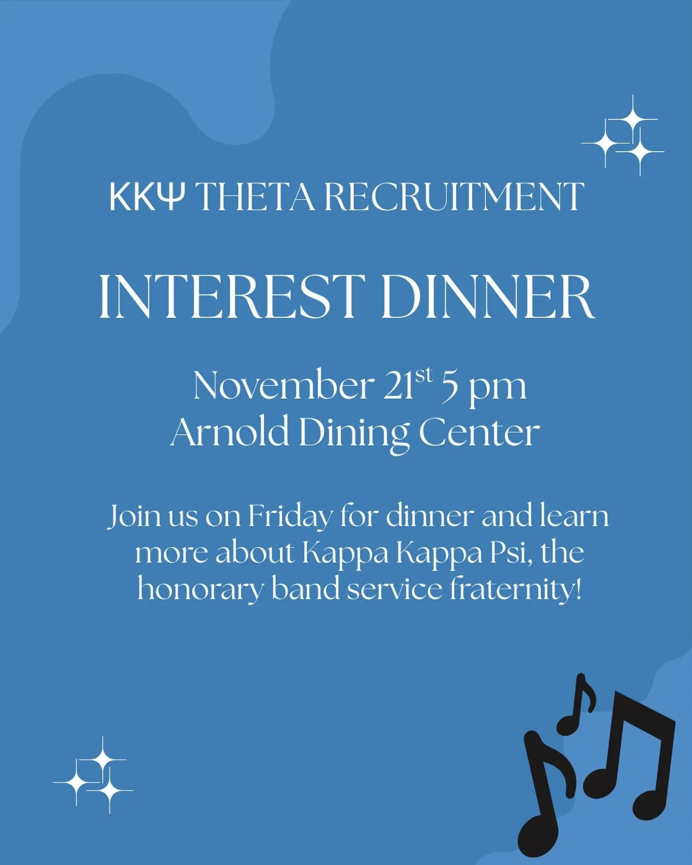 Tomorrow is our final recruitment event! If you are still curious about Kappa Kappa Psi, have any questions, or just want to hang out and eat some food, come see us at Arnold dining center Friday at 5pm!