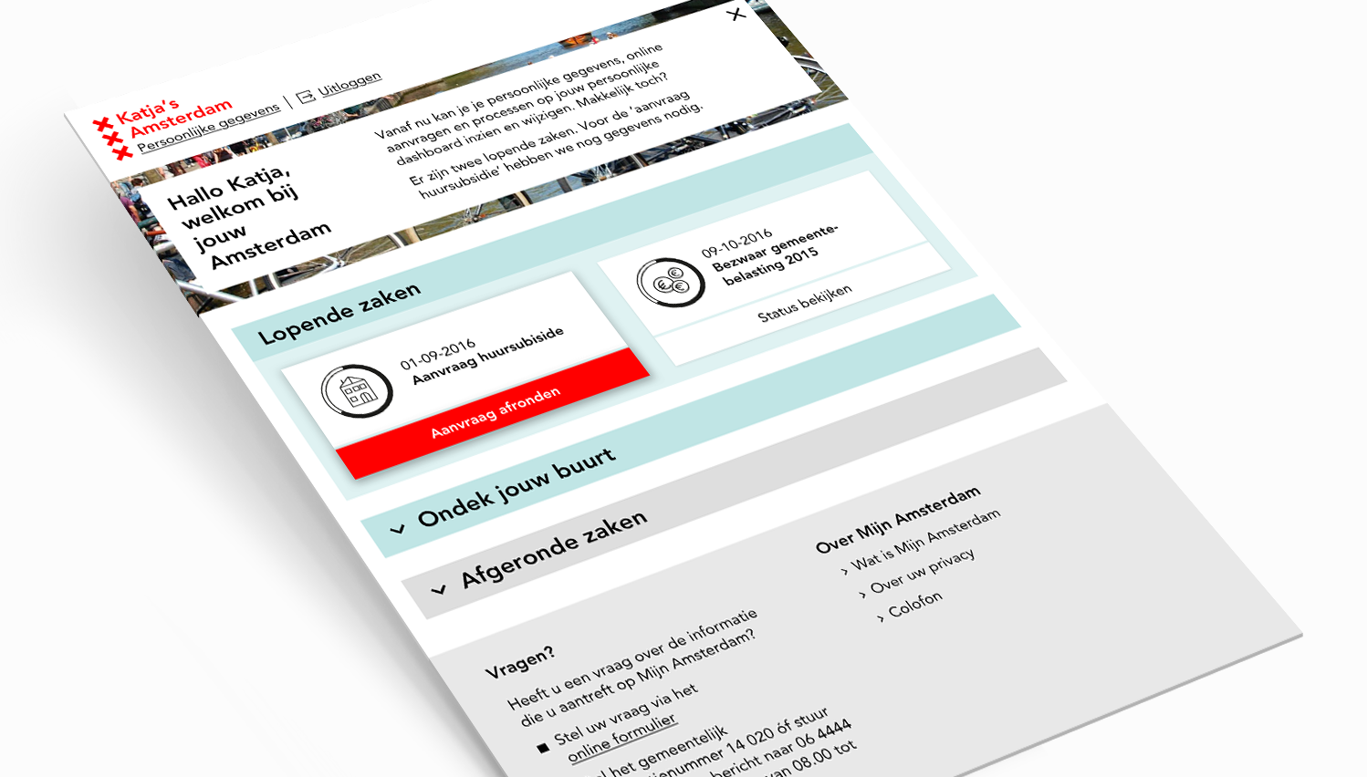 A dashboard showing personalised content and a picture of your own district.