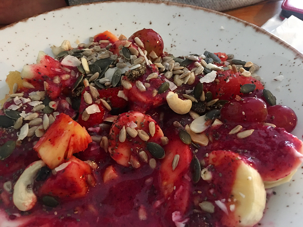 Fruit salad with berry smoothie, nuts and seeds was my regular breakfast in May-June.