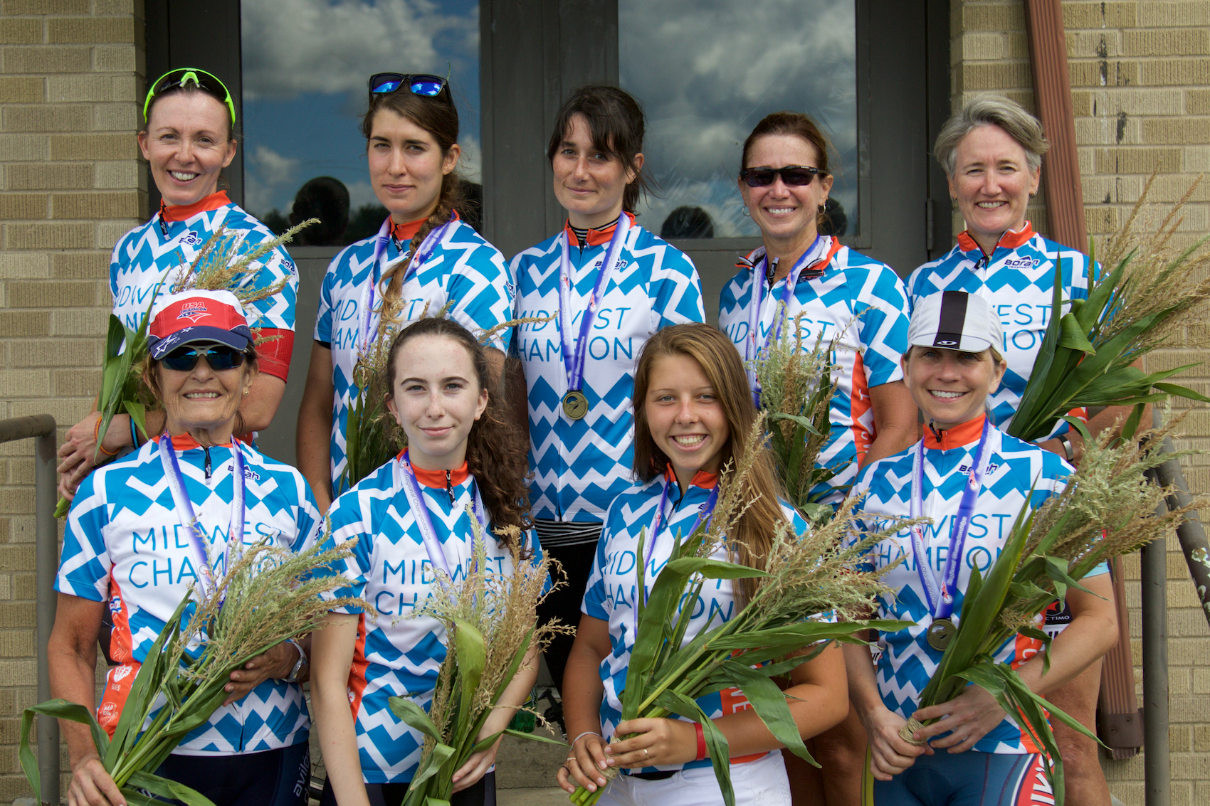 Top Row: Jennifer Youngwerth (1/2), Kelsey Campbell Dollaghan (4), Gina Heiss (3), Monica Rice (M 40-49), Cathy Frampton (M 50-59), Graciela Val (M 60-99), Ella Neurohr (J 17-18), Martina Walling (15-16), Ronee Hartl (35-39)