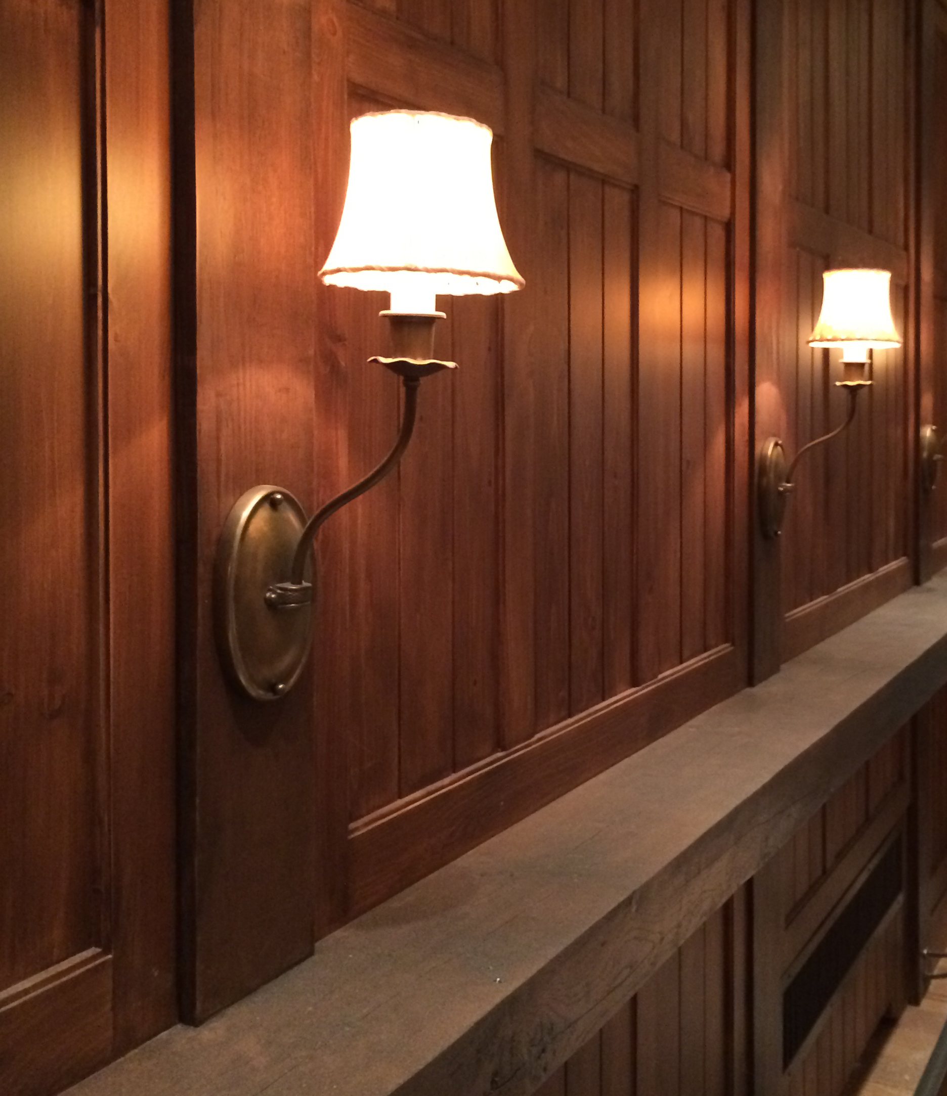  New Rough-Hewn Timber Drink Ledge with Wall Paneling and Custom Wall Sconces 